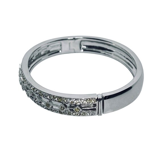 Nadri Silver Tone And Clear Crystal Hinged Bangle Bracelet (5946) - Picture 2 of 7